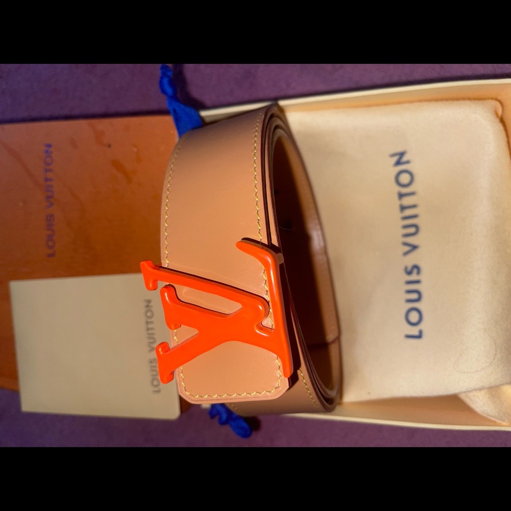 LV orange buckle tan leather LV strap worn hole punched belt